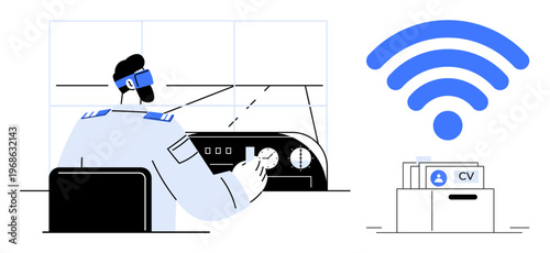 Wireless communication concept. Professional control operator monitors data systems for wireless communication. Wireless technology enhances connections globally. For tech, data management, future