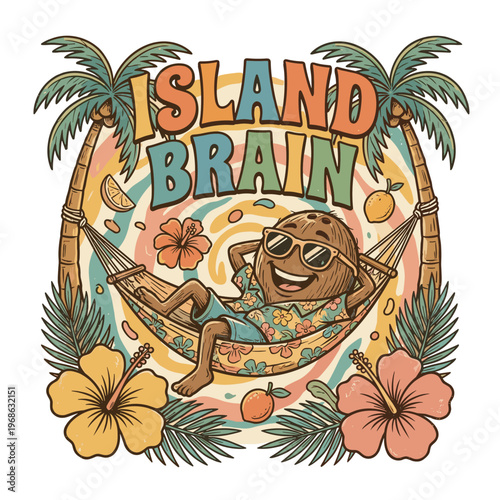 Cheerful coconut relaxing in a hammock under palm trees