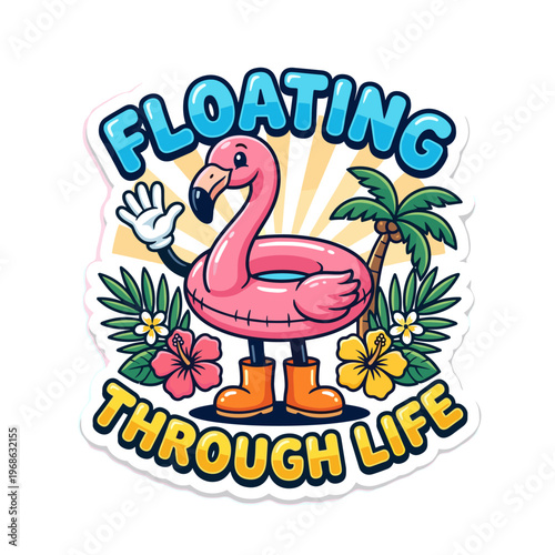 Happy cartoon flamingo in inflatable ring with tropical flowers