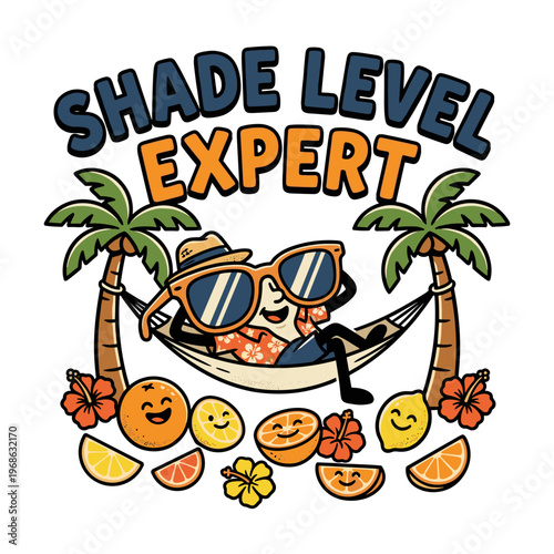 Anthropomorphic sunglasses character relaxing in a hammock