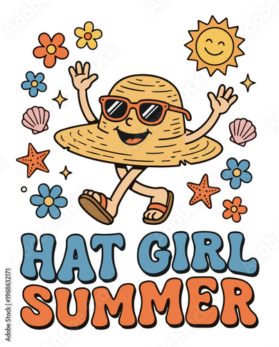 Smiling sunhat character with sunglasses and summer elements