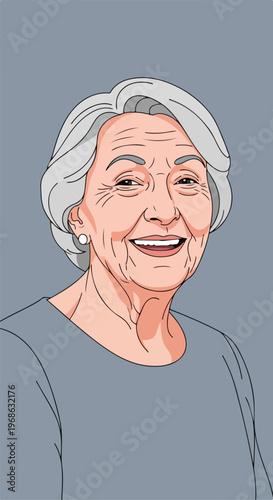 A smiling elderly woman with short gray hair against a solid gray background