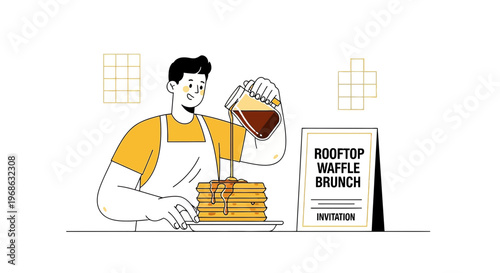 Man pouring syrup on pancakes for rooftop waffle brunch invitation
