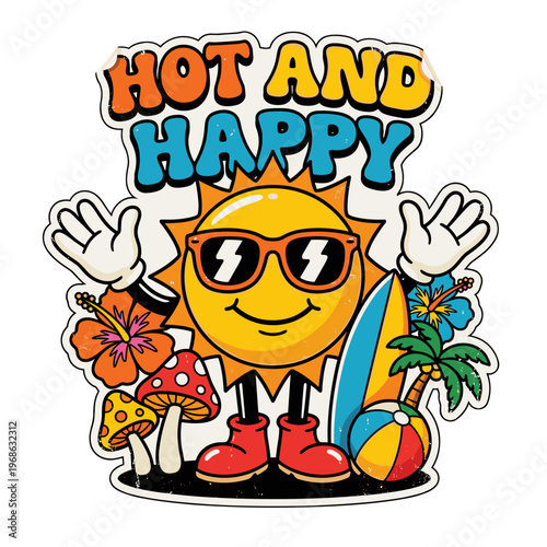 Anthropomorphic sun character with summer beach elements and text