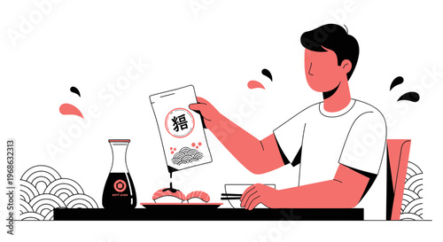 Man pouring soy sauce on sushi, minimalist illustration, Japanese food concept