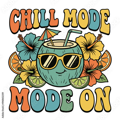 Anthropomorphic coconut drink character with sunglasses and tropical flowers