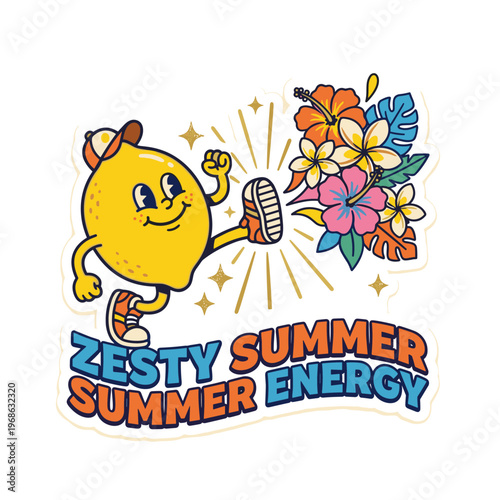 Happy lemon character kicking through tropical flowers