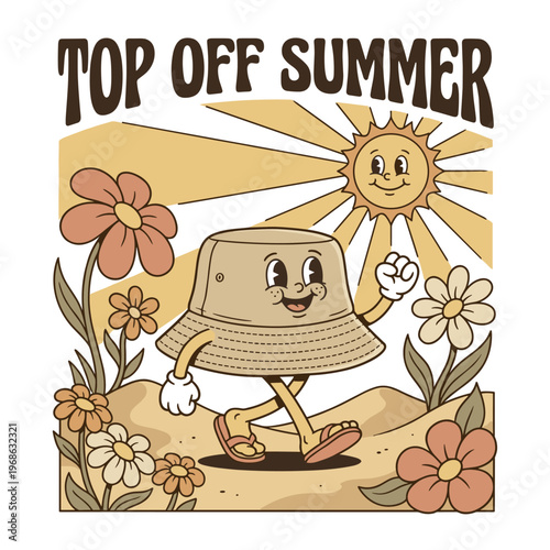 Retro bucket hat character walking through flowers in sunshine
