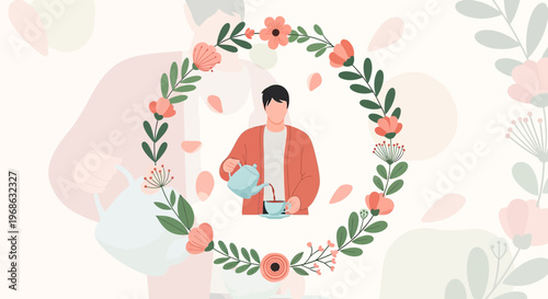 Man Pouring Tea in Floral Wreath - Cozy Morning Scene