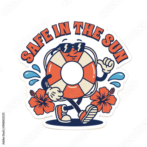 Anthropomorphic lifebuoy mascot dancing with hibiscus flowers and water splashes