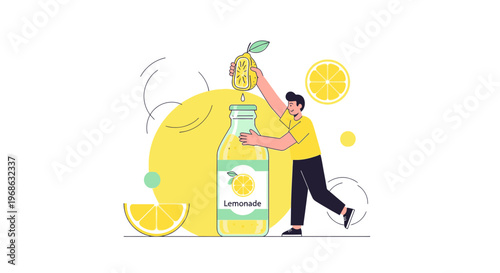 Man Preparing Fresh Lemonade Drink with Citrus Slices and Bottle