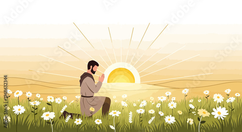 Man Praying in Field of Flowers at Sunrise, Spiritual Awakening