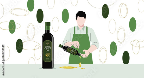 Man Pouring Olive Oil from Bottle, Healthy Cooking Ingredient, Food Preparation