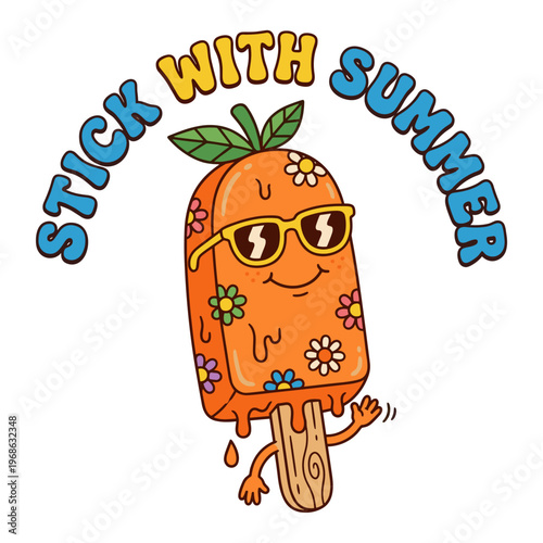 Retro cartoon popsicle character saying Stick With Summer