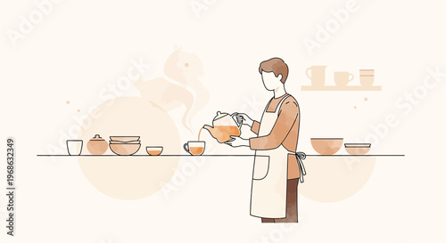 Man Pouring Tea in a Cozy Kitchen with Steaming Cups