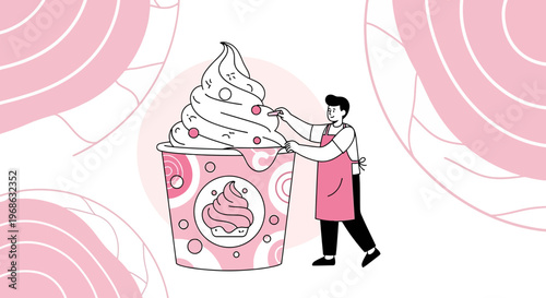 Man Preparing Giant Soft Serve Ice Cream Cone with Pink Swirls