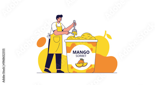 Man Preparing Mango Sorbet Dessert, Fresh Fruit and Yellow Background