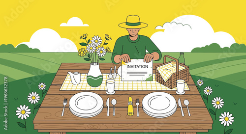 Man Preparing Outdoor Picnic Invitation on Rustic Table with Daisies, Sunny Landscape