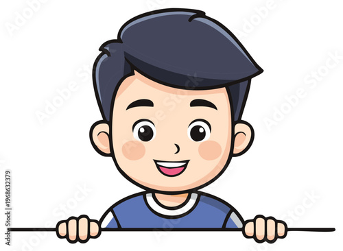 Cartoon boy holding a blank horizontal banner with copy space for text.