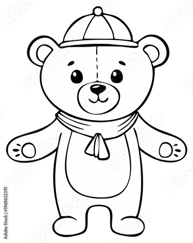Outline of a cartoon teddy bear wearing a hat and scarf