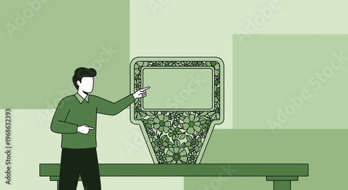 Man Presenting Digital Screen with Floral Design and Green Background