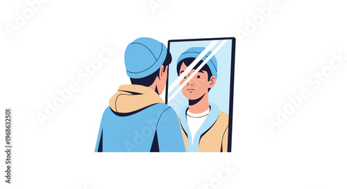 Young man looking at his own reflection in the mirror