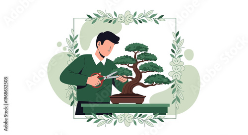 Man Pruning Bonsai Tree with Scissors, Floral Frame, Nature Art