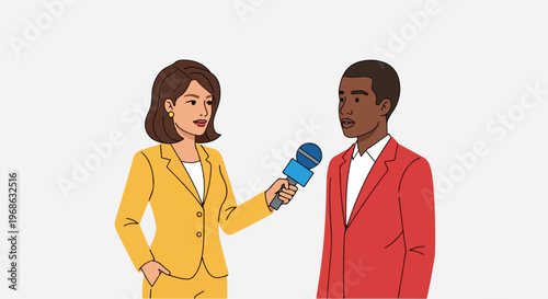 A female reporter in a yellow suit interviews a man in a red blazer with mic