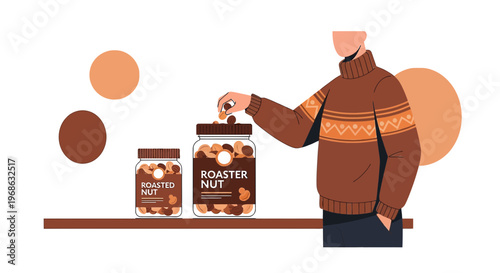 Man Putting Roasted Nuts into Jar, Healthy Snack Concept
