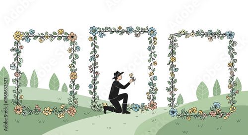 Man Proposing with Flowers in Floral Archways, Romantic Outdoor Scene