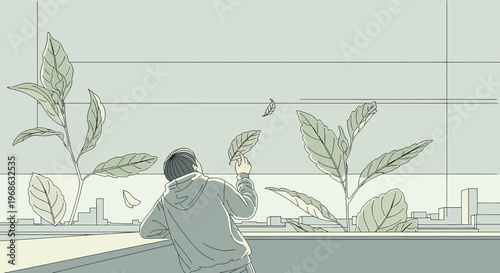 Man Reaching for Falling Leaves in Abstract Urban Nature Scene