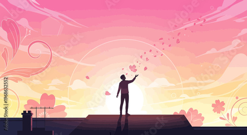 Man Reaching for Falling Petals at Sunrise, Pink Sky, Hopeful Mood, Dreamy Landscape