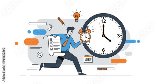 Deadline Pressure Time Management Flat Vector Illustration, Urgent Task, Business Productivity, Running Late Concept, Time Urgency, Workflow Efficiency for UI UX Design