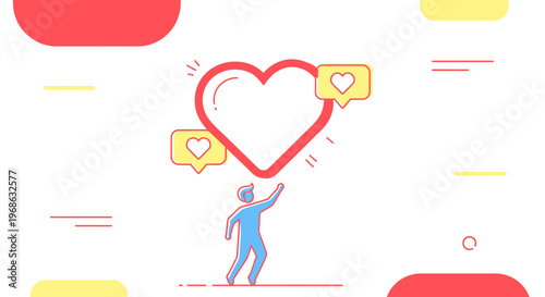 Man Reaching for Giant Heart Icon with Like Notifications, Love and Social Media Concept