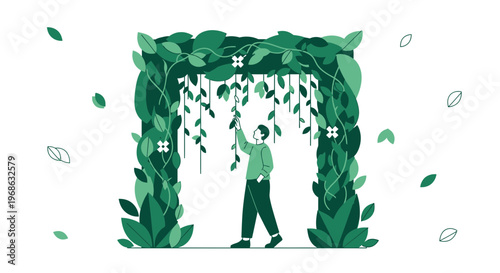 Man Reaching for Greenery Archway, Nature Entrance, Organic Growth, Eco Concept