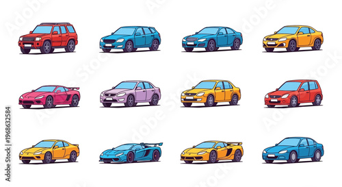 A colorful collection of cartoon cars displayed in a grid format showcasing various models and styles silhouette high quality professional