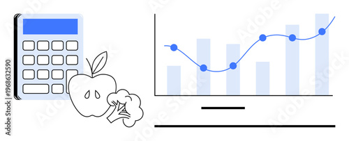 Nutrition planning, health tracking, financial budget, data analysis, diet management, wellness concept. A calculator, apple broccoli and graph are . Nutrition planning and health tracking concept