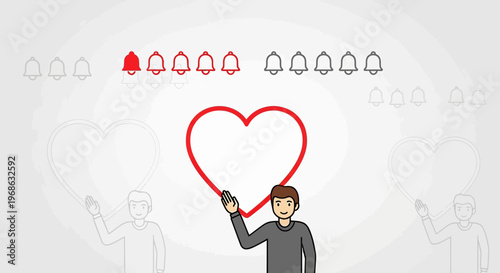 Man reaching for heart icon with notification bells, online engagement concept