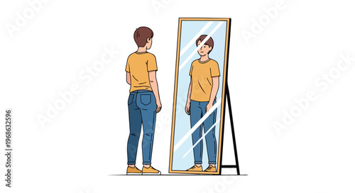 Young person looking at their reflection in a full length mirror