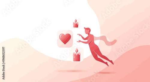 Man reaching for heart icon and candles, abstract background, romance and love concept