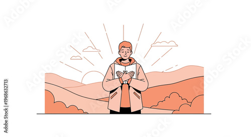 Man Reading Book in Nature, Sunrise, Peaceful Landscape, Spiritual Enlightenment