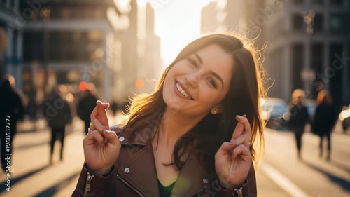 Young woman with crossed fingers smiling on a sunny city street