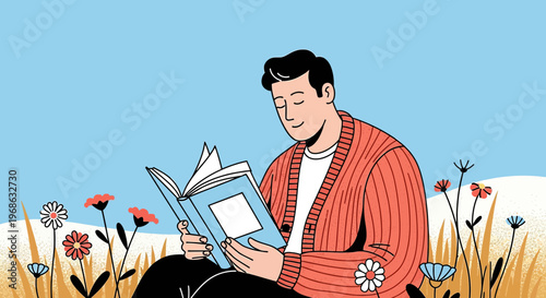 Man Reading Book in Nature, Relaxing Outdoors, Peaceful Meadow Scene