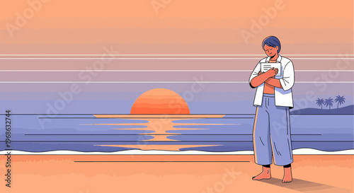 Man Reading Book on Beach at Sunset