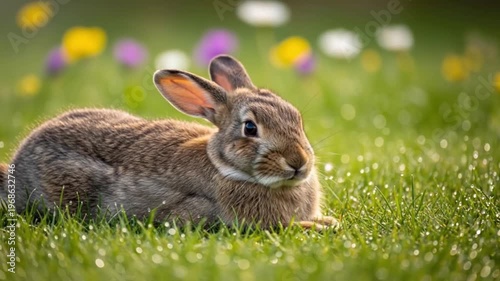 Cute bunny rabbit resting in a dew-covered meadow with wildflowers