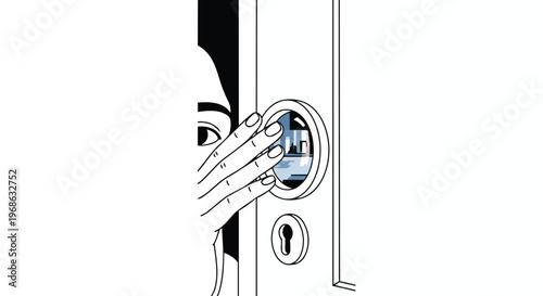 Person looking through a door peephole at a city street view