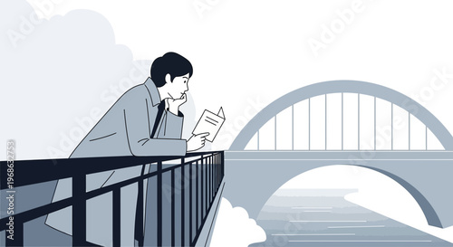 Man Reading Book on Bridge Over River