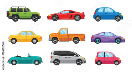 A colorful arrangement of various cartoon vehicles including cars trucks and vans presented in a flat design silhouette high quality professional