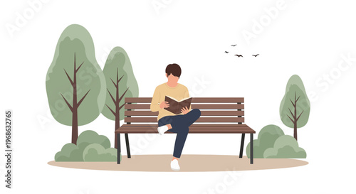 Man Reading Book on Park Bench Surrounded by Trees and Bushes