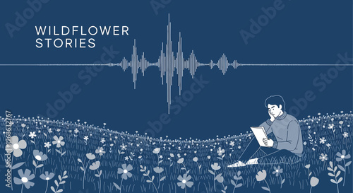 Man Reading Book in Wildflower Meadow with Soundwave Graphic